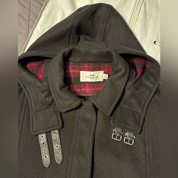 Coach Black Wool Blend Cape w/Plaid Interior & Detachable Hood Size M/L F18030 - Picture 8 of 10